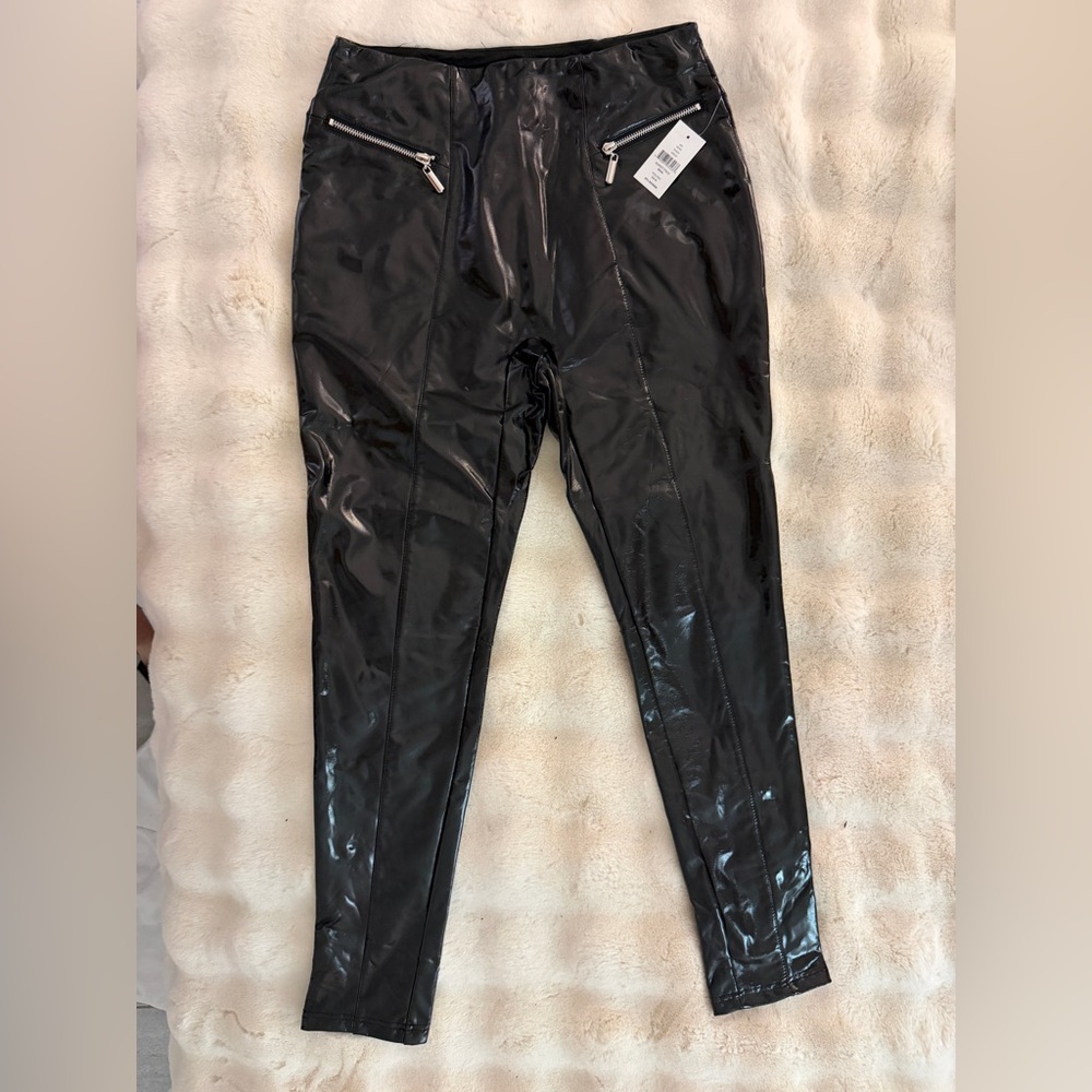bagatelle Black Shiny Faux Leather Skinny Pants with Zip Pockets